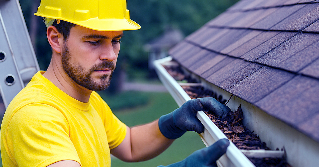 Technician cleaning a residential gutter